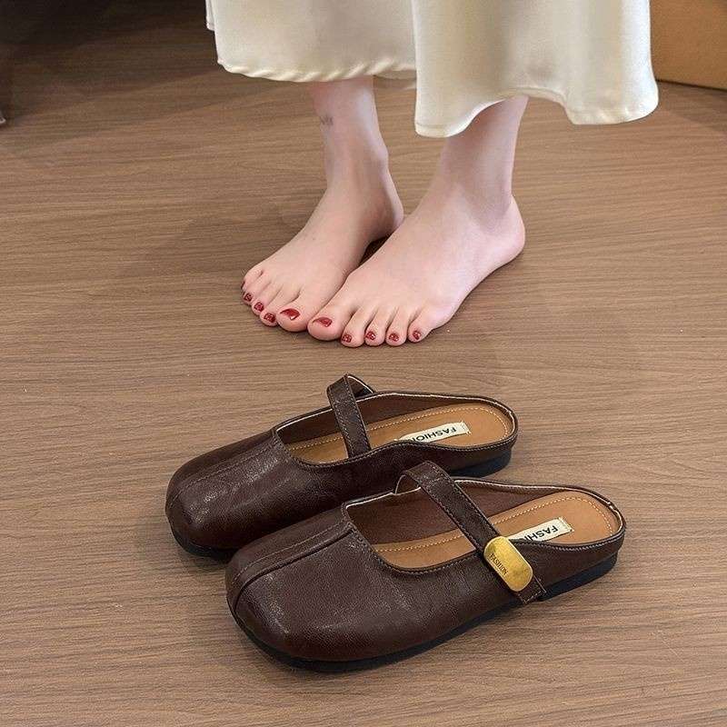 Retro Flat-bottomed Silver Bag Head Half-drag Women's Outer Wear 2025 Summer New Half-tray Single Shoes One Pedal Lazy Sandals