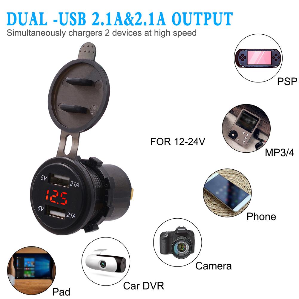 Водонепроницаемое двойное USB зарядное устройство для телефона 4.2A, зарядное устройство, светодиодный цифровой дисплей, вольтметр с кабелем 23.6 дюйма, красный, DC12 24V