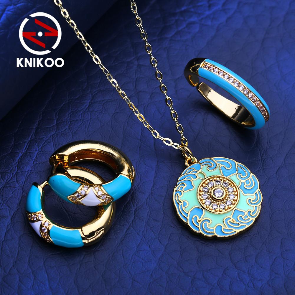 KNIKOO Necklace Clip Earrings Ring Jewelry Sets For Women Cubic Zirconia Fashion Flower Necklace Hoop Earrings Ring Jewelry Sets