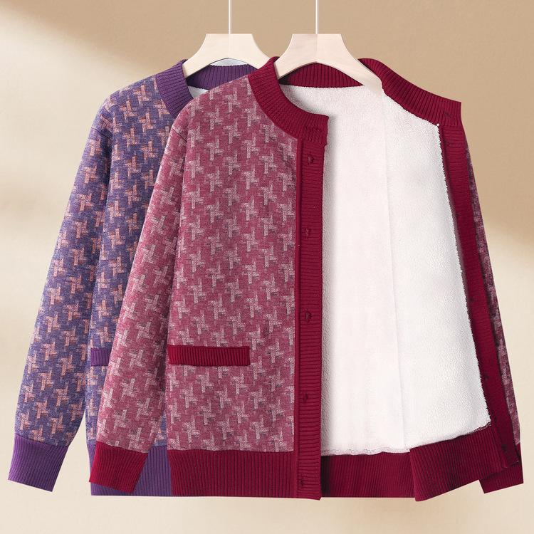 Мамин зимний свитер Кардиган для женщин среднего и пожилого возраста Зимние топы Дедушка Бабушка Карман Повседневный Модный Свитер