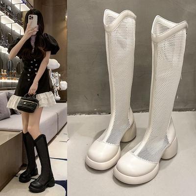 Летние сапоги женские тонкие дышащие сетчатые сапоги на толстой подошве высокие рыцарские сапоги полые сетчатые сапоги с V-образным вырезом летние сапоги