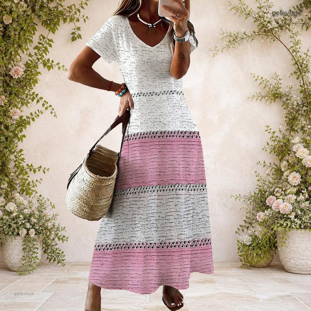 Women Plus Size V Neck Short Sleeve Printed Pink White Long Straight Dress