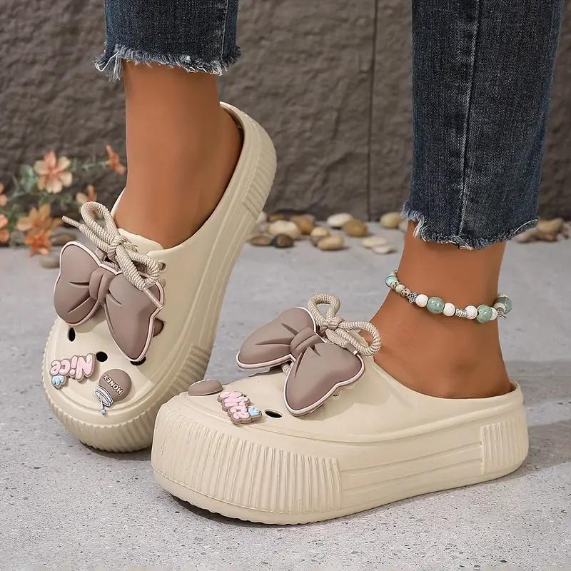 Cute Bow Hollow Slippers for Women, Summer Thick-Soled Platform Slippers, Indoor Outdoor Round Toe Slippers