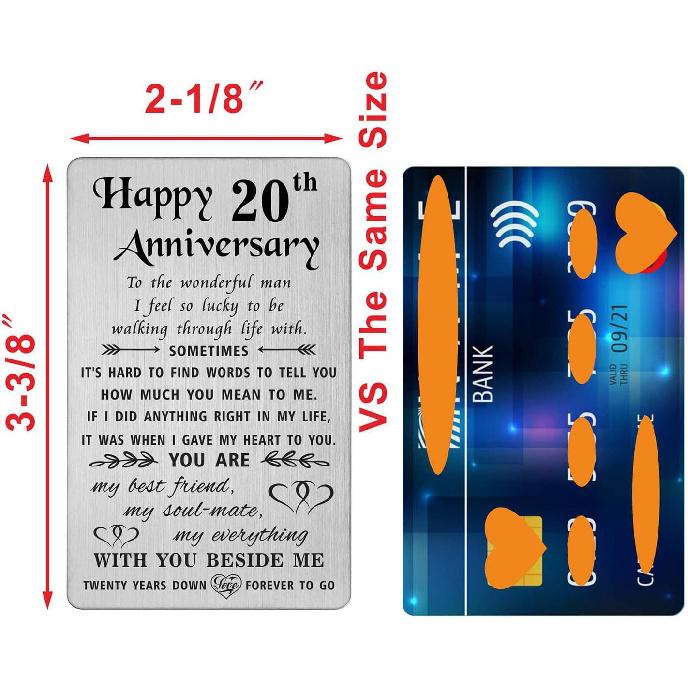 TANWIH Happy 20th Wedding Anniversary Card Gifts for Him Husband, 20 Year Anniversary Cards Gift for Men, Engraved Metal Wallet Insert