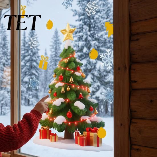Removable Glass Stickers Christmas Window Cling, Santa Climbing Rope Sticker, Static Cling Clings PVC Tree Decal for Doors Windows Holiday Home Decor