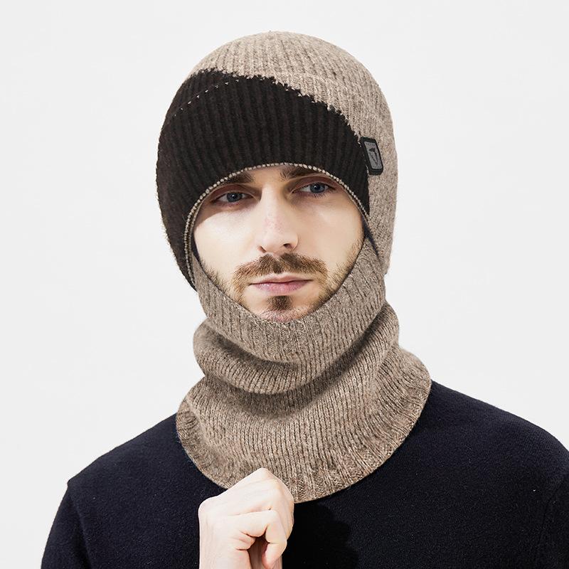 Winter Color Matching Wool Warm Thick Knitted Hat Men's Outdoor Riding Cold-Proof Ear Protection Wool Hat Two-Piece Set
