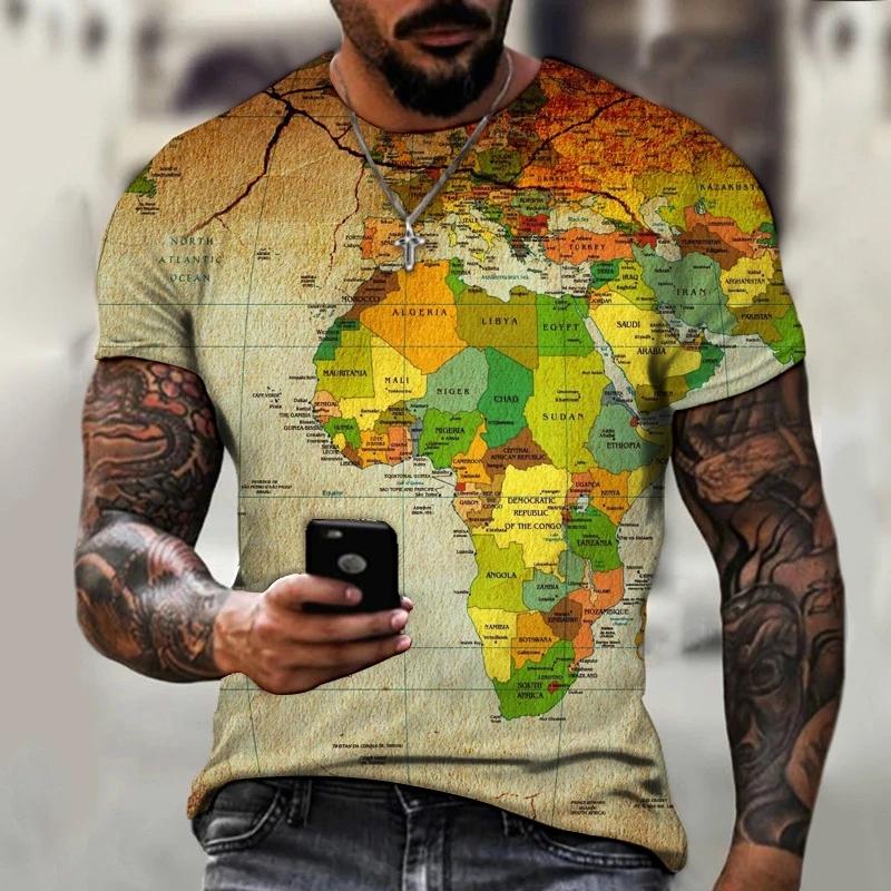 New Fashion World Map Printed Men's T-shirt Street Fashion Harajuku Round Neck Short Sleeve Comfortable Large Top