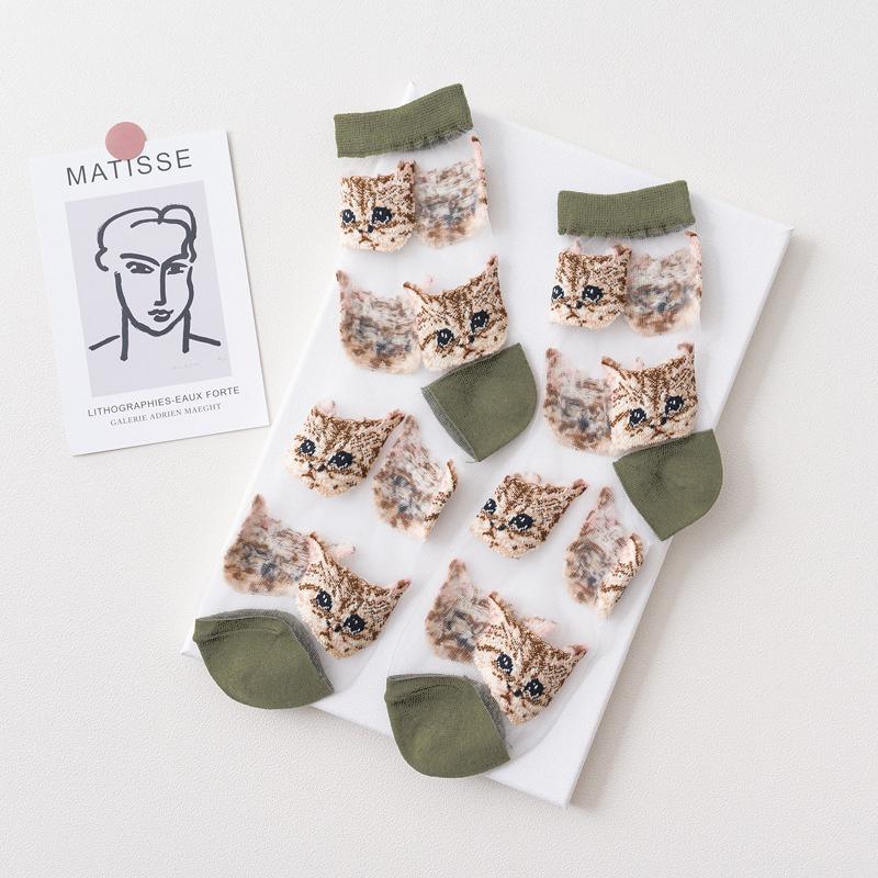 Женские прозрачные милые носки с котами, женские японские модные корейские модные летние тонкие носки из кристаллического шелка, чулки из стекловолокна