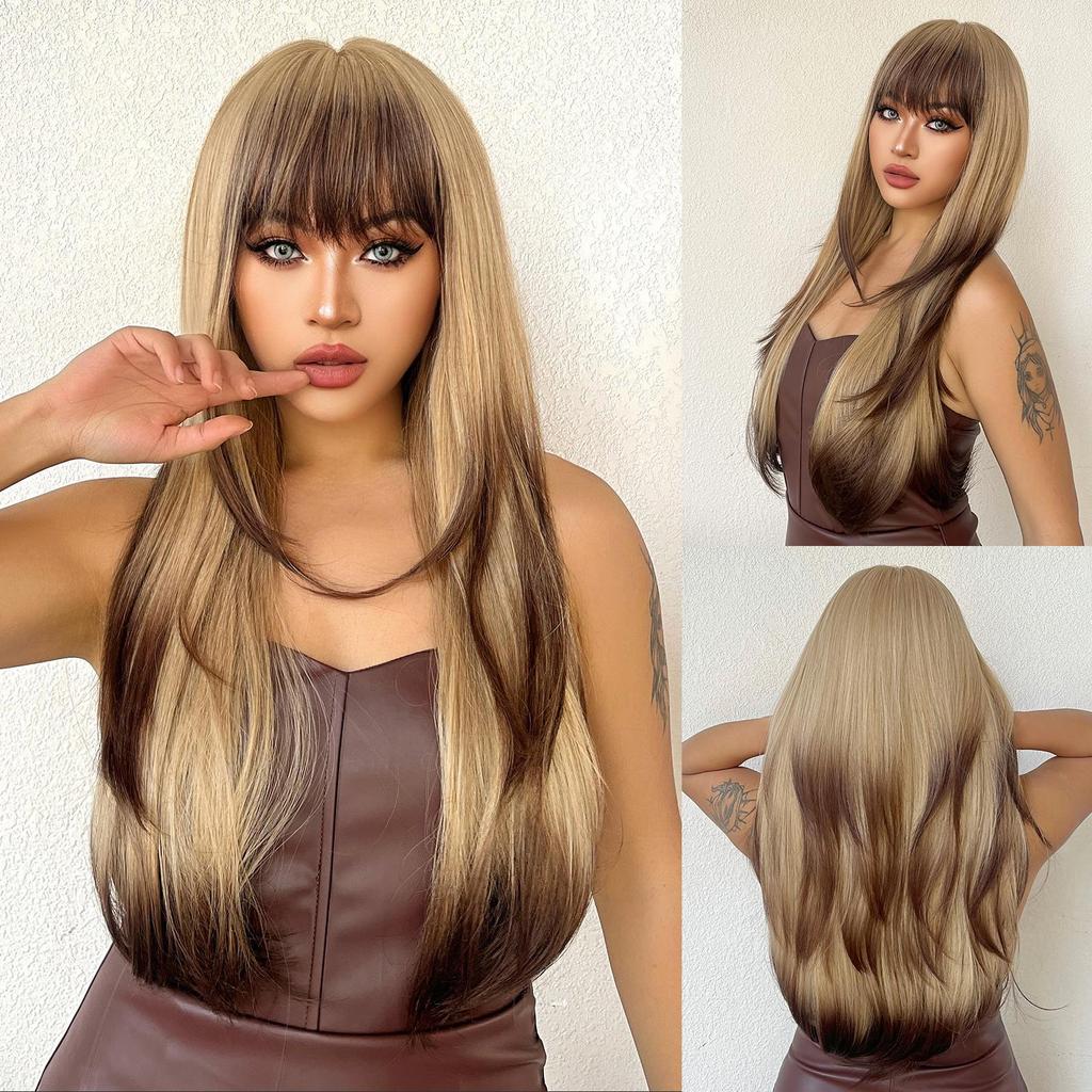 ALAN EATON Blonde Brown Ombre Synthetic Wigs Long Straight Layered Wig for Women Cosplay Party Natural Hair Wig Heat Resistant Coupon & Discount