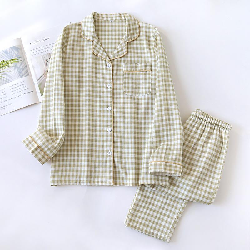 Spring/Summer Couple Pajama Set Cotton Double Layer Gauze Men's and Women's Japanese Plaid Set Long Sleeved