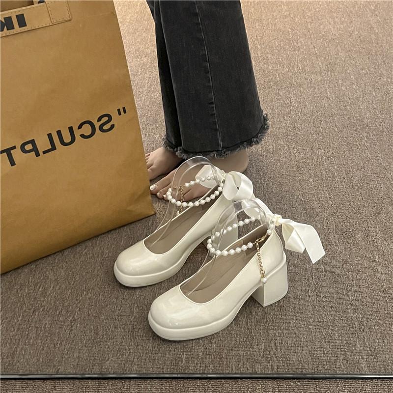 2024 New Women's Shoes French Bow Fairy Style Thick Heel Round Toe Mary Jane Solid Color Sweet Elegant Versatile Women's Shoes