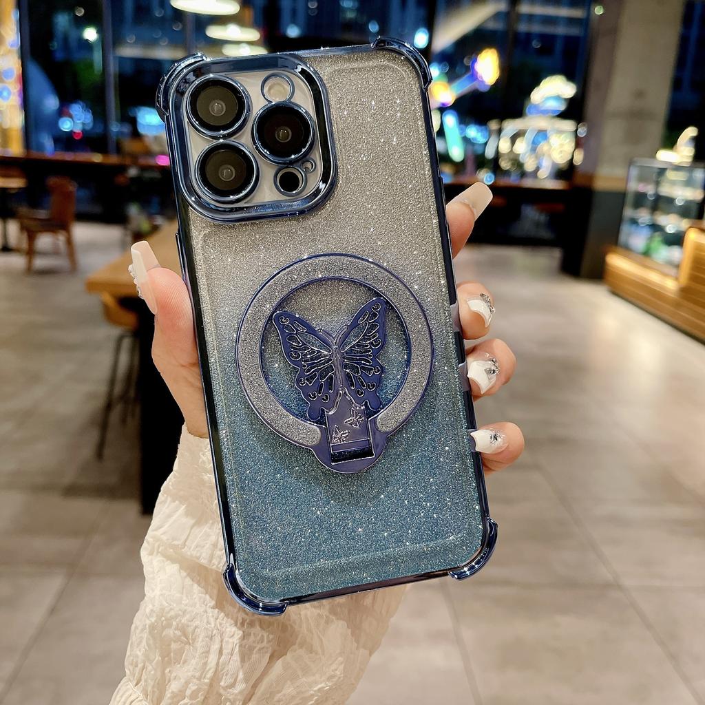 Applicable to iPhone16ProMax mobile phone case butterfly glitter bracket Apple 15 four corners anti-drop protective case