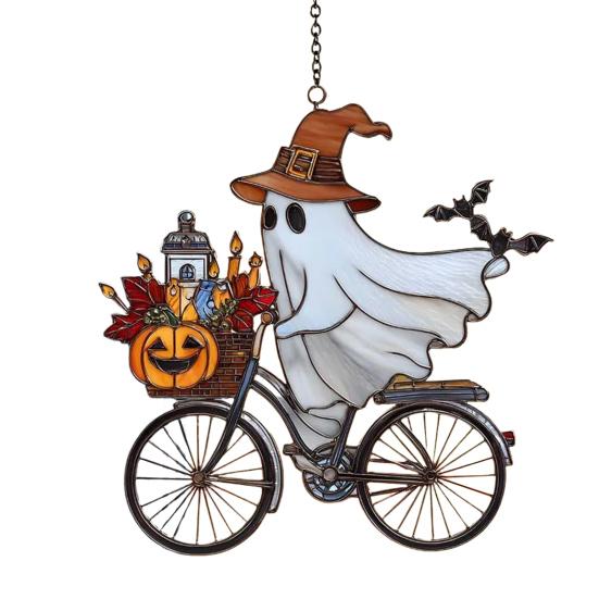 Halloween Ghost Ride Ornament with Lanyard Solar Trap Witch Hat Pumpkin Passenger Hanging Pendant Sun Catcher