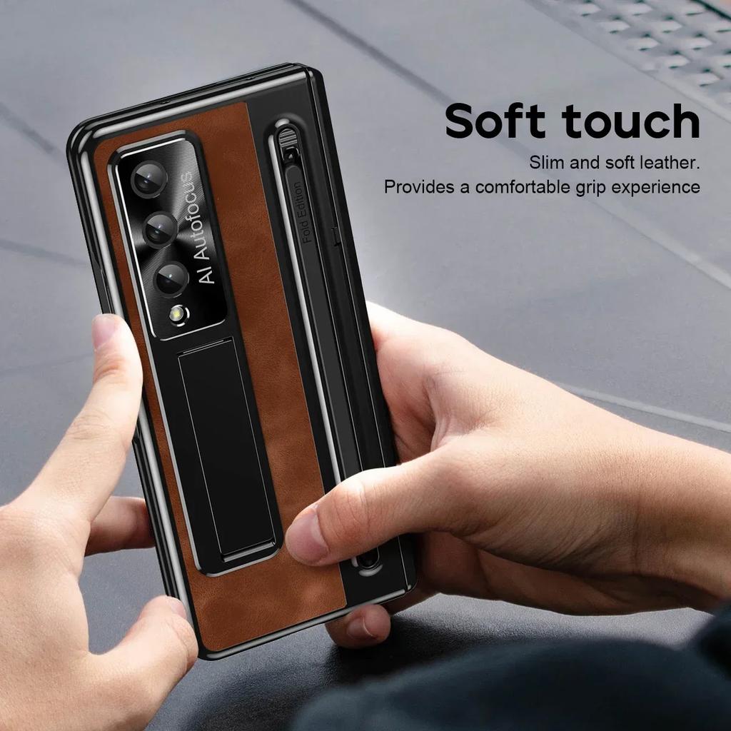 Luxury Leather Bracket Pen Slot with Stylus Case for Samsung Galaxy Z Fold 6 5 4 Retro Style Count Hinge Seismic Protect Cover