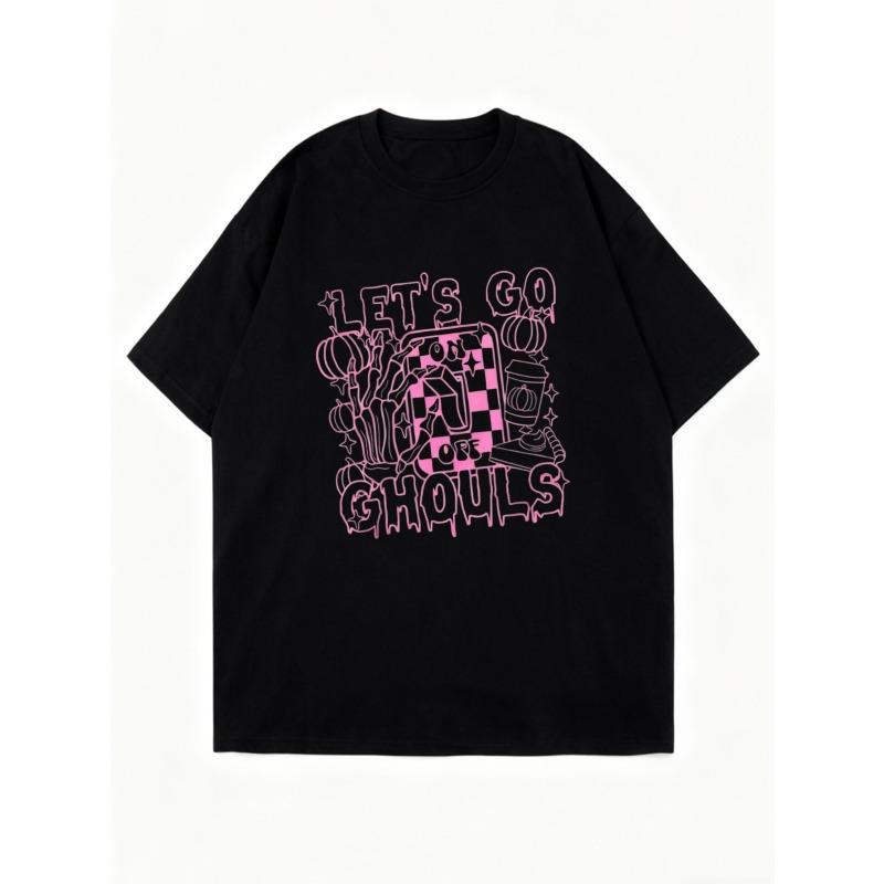 Black Oversized T-Shirt With Pink Let's Go To The Ghouls Halloween Print For Casual Wear And Party Outfits