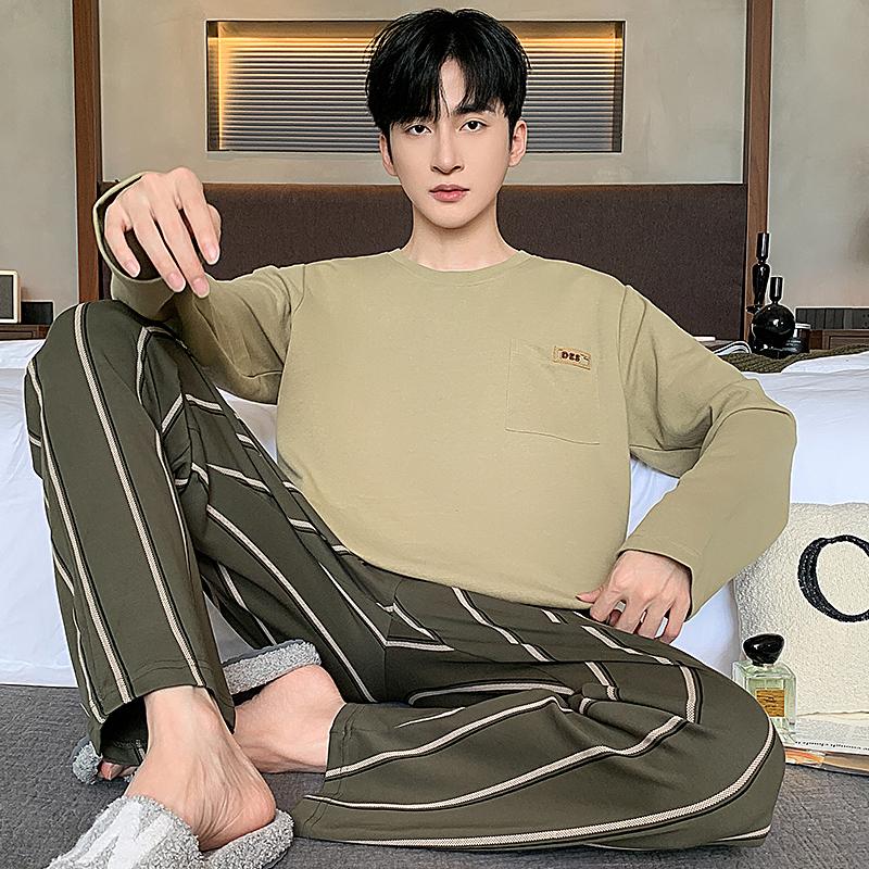 Мужской пижамный комплект Весна Хлопок Повседневная пижама Минималистский стиль Длинная домашняя одежда для отдыха Модная ночная одежда для мальчиков