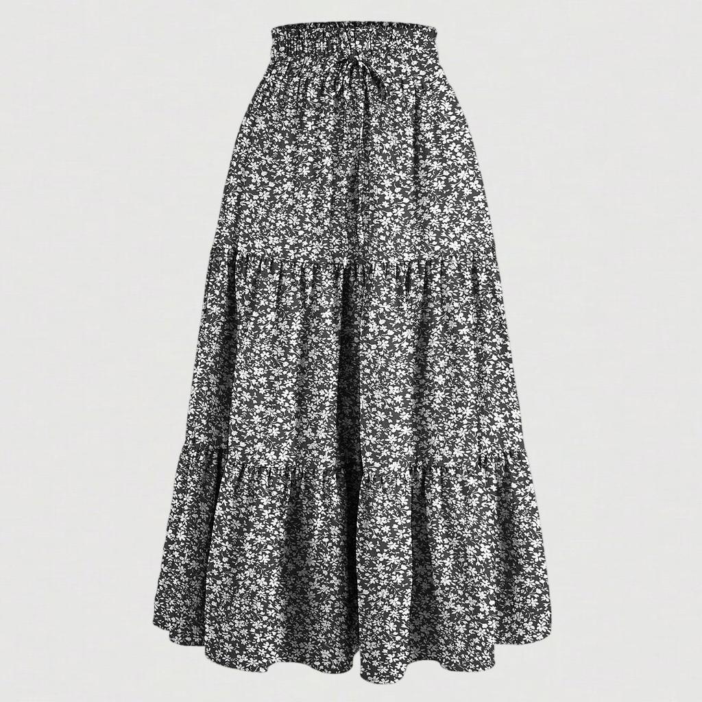 Women's Fashion Solid Color Floral Lace Elastic Waist Loose Long Skirt