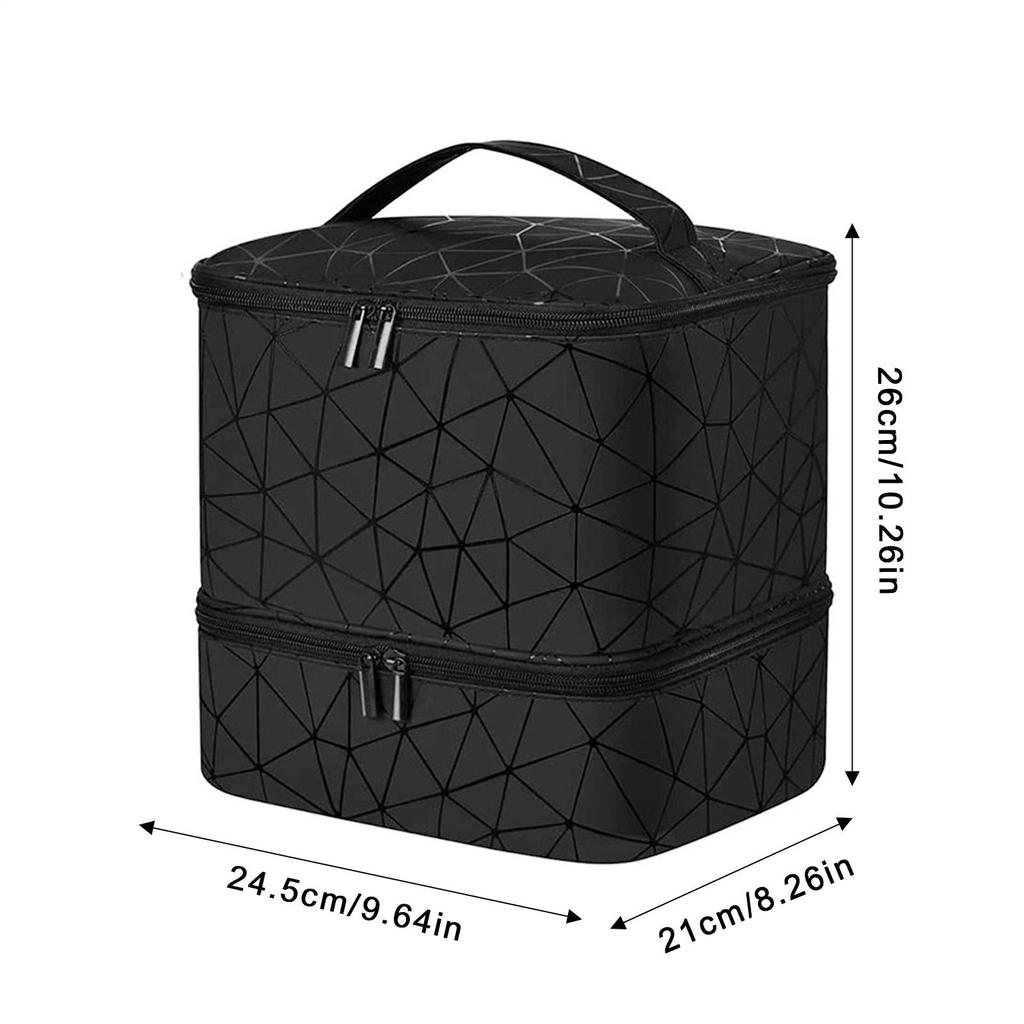 30 Grids Nail Organizer Black/Pink Double Layer Manicure Bag with Handle PU Nylon Makeup Bag Cosmetic Organizer Case