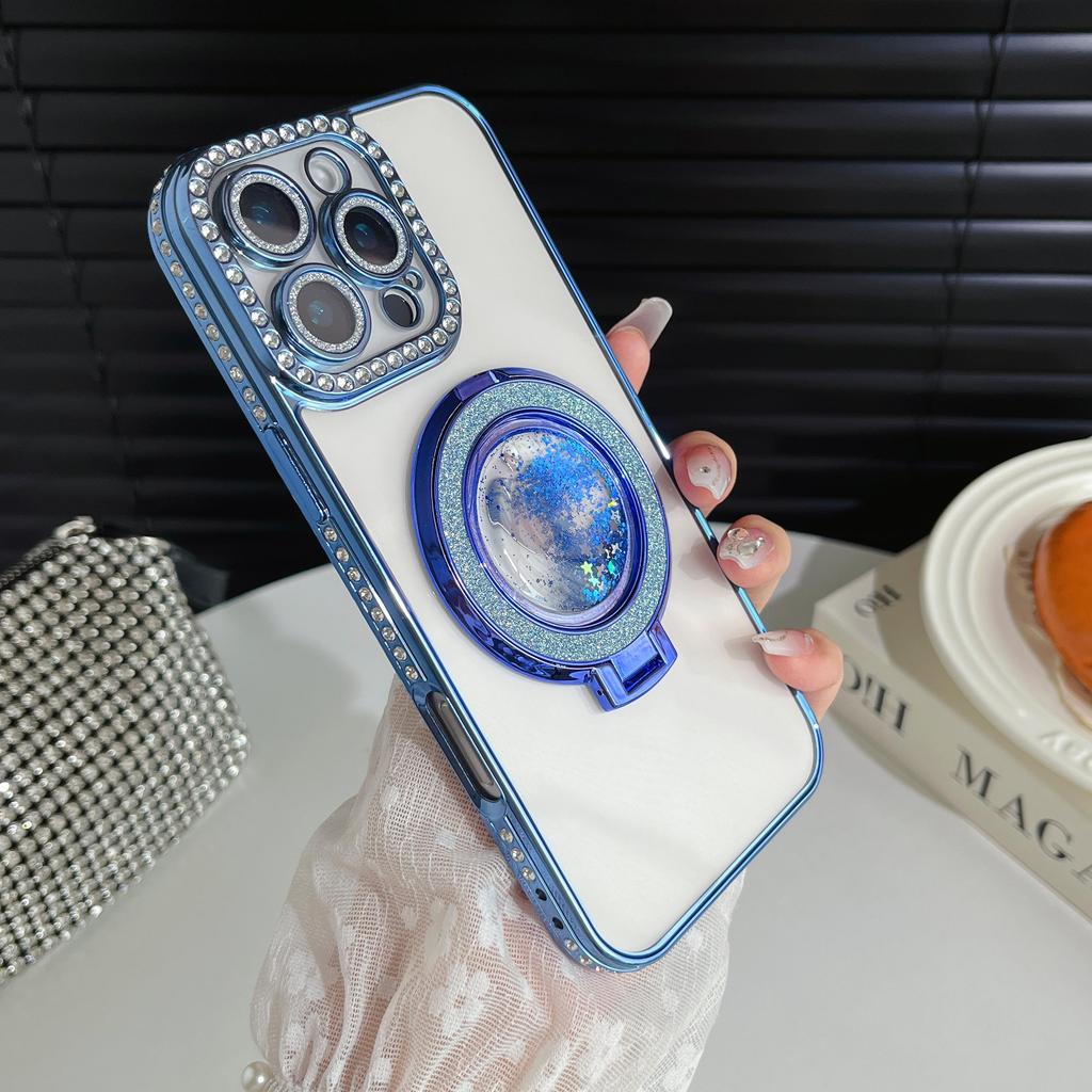 Чехол-бампер для телефона с подставкой, защищающий объектив камеры, с гальваническим покрытием, блестками и бриллиантами, для iPhone 17 16 Pro Max Samsung S25 S24, прозрачная защитная крышка