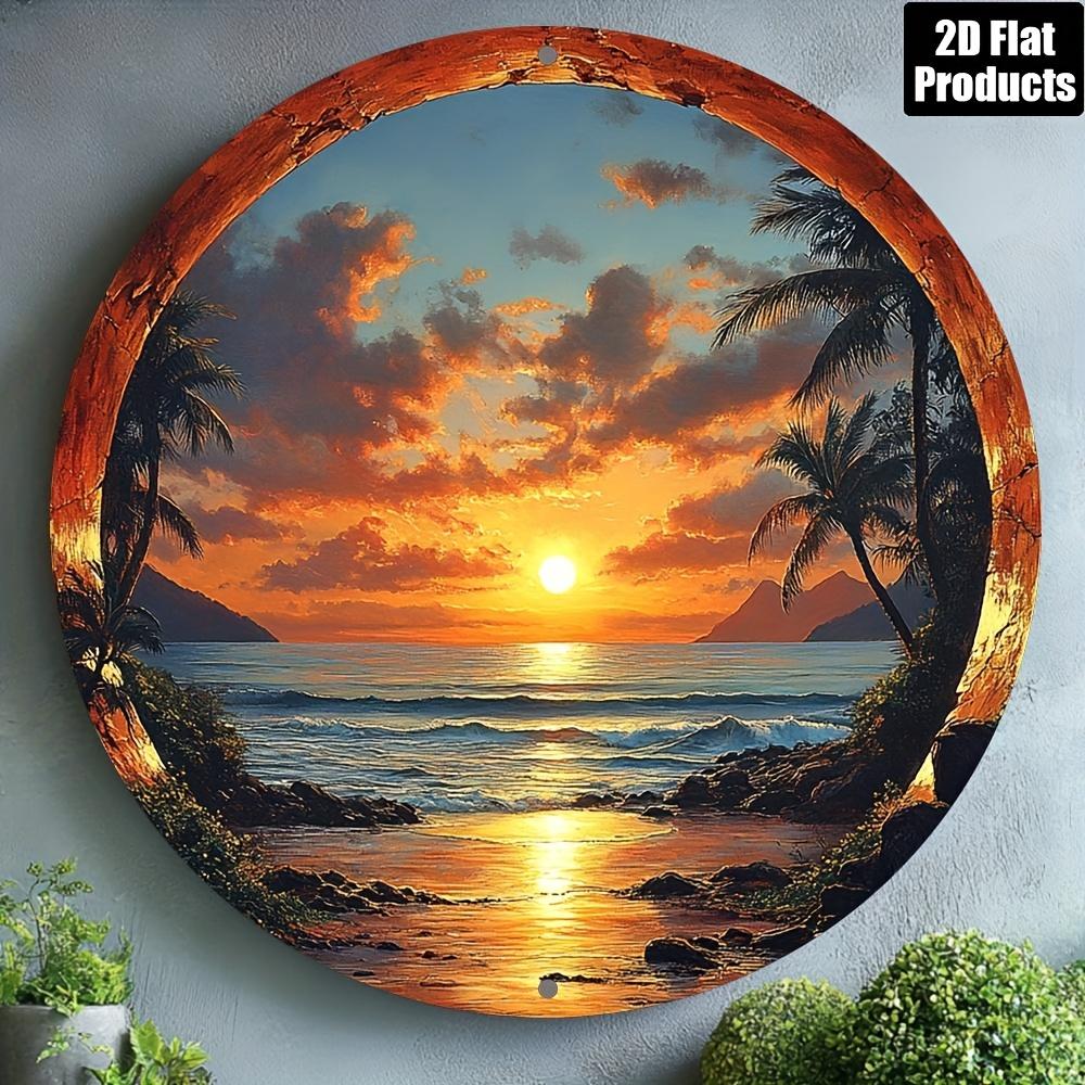 Round Aluminum Metal Sign Sunset Beach D Flat Art Decor Plaque Bar Kitchen Cafe Home Office Holiday Gift