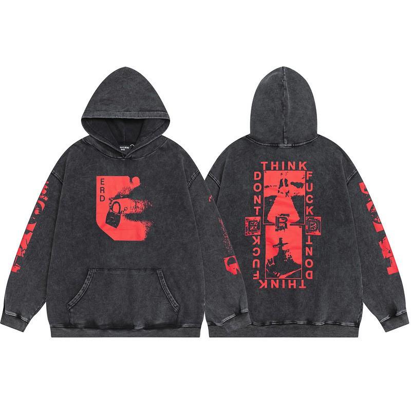 Mens Oversized Washed Cotton Hoodie With Print - Loose Fit Streetwear Sweatshirt Winter