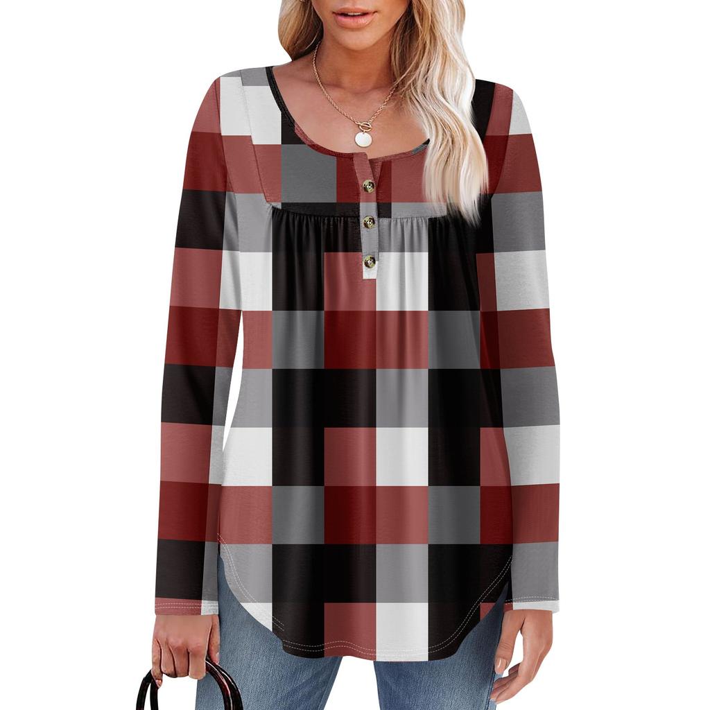 Женская туника с длинным рукавом, свободные топы, повседневные топы оверсайз, плиссированная туника, застегивающаяся на пуговицы, повседневные женские топы с принтом