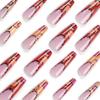 24PCS/set Quick Nails Extra Long French Ballet Manicure Stickers Warm Color Plaid Fake Nails Wearable Manicure DIY Finished Nail Stickers