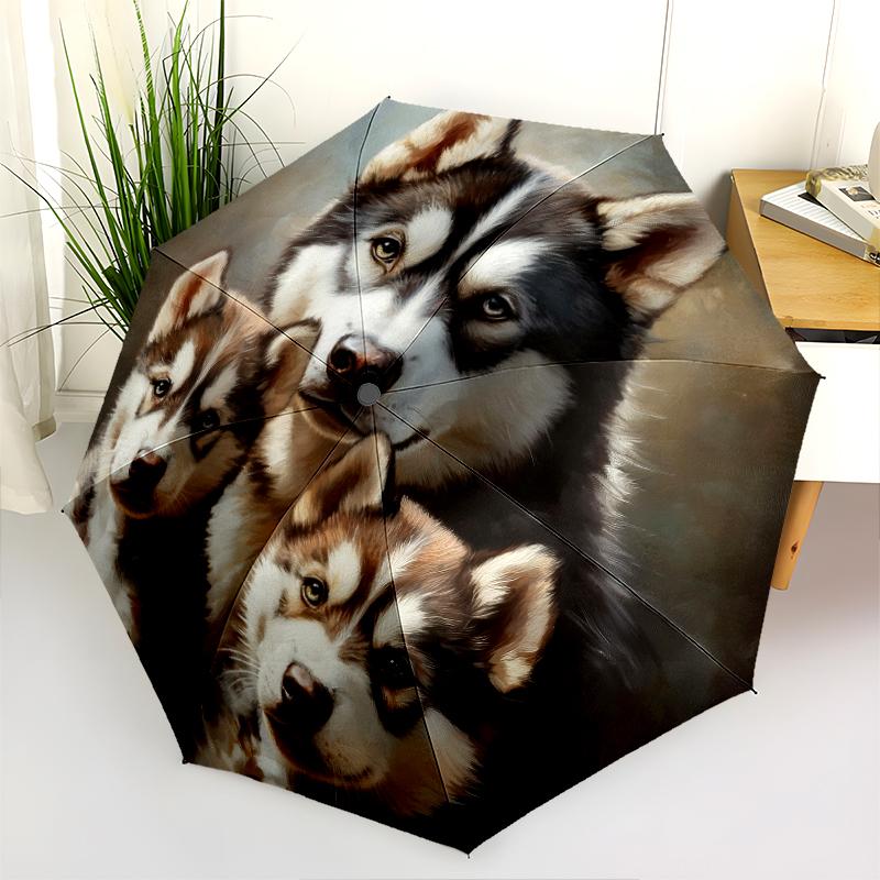Husky pattern, automatic folding umbrella, portable and foldable design, 8 ribs, a Christmas or birthday gift.