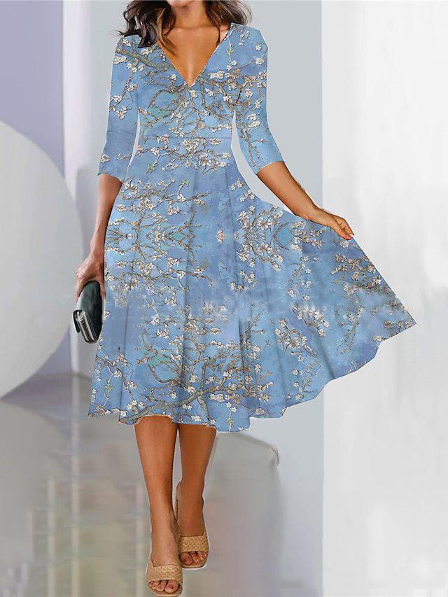 Women Spring Summer Flower Pattern Print V-Neck High Waist Casual Dresses