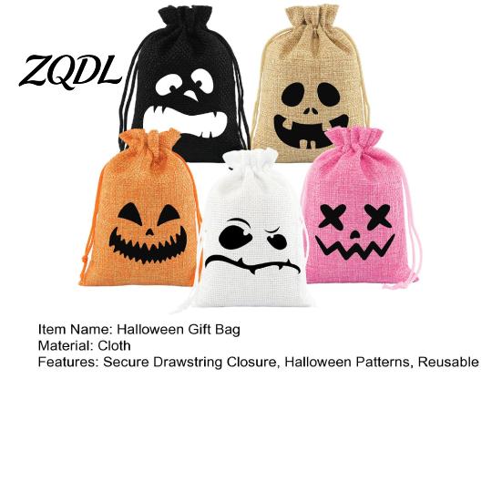 Themed Event Goodie Bags 5Pcs Halloween Candy with Drawstring, Funny Ghost Pumpkin Print Gift Pouches Portable Holders for Party Favors And