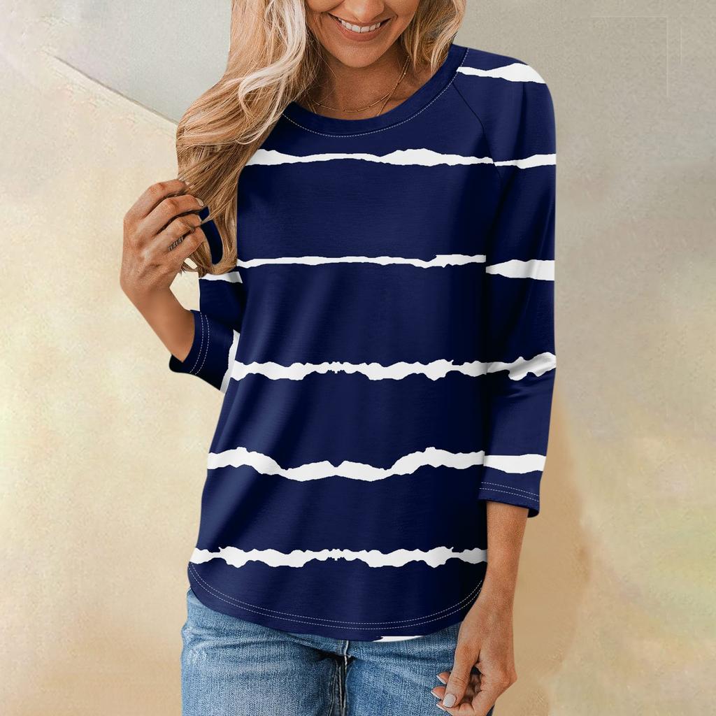 Женская модная повседневная рубашка с круглым вырезом и рукавами 3/4, свободная футболка с принтом, женский топ