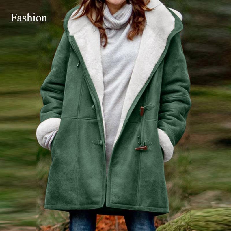 2025 Winter Simple Original Style Coat Solid Color Casual Button Cardigan Warm Medium Long Hooded Women's Coat