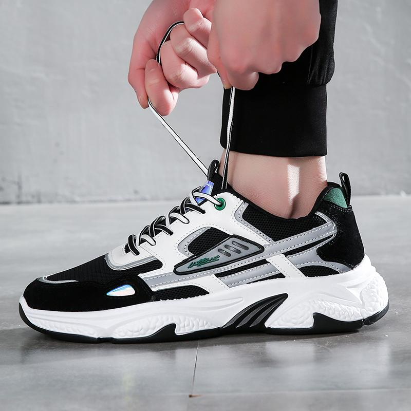 Men's Casual Sports Shoes New Men Platform Breathable Running Shoes Outdoor Trendy Leather Stitching Mesh Men Shoes