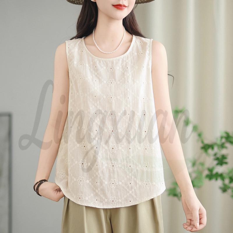 Летний женский sleeveless жилет из чистого хлопка с вышивкой