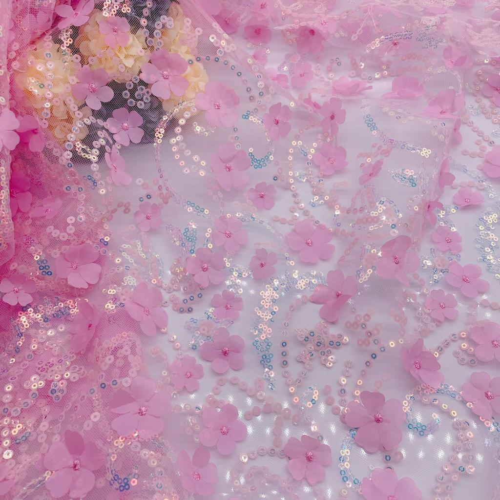 3D Three-Dimensional Sequined Petal Accessories Embroidery White Mesh Mesh Cloth Background Decoration Fashion Stage Clothing Fabric
