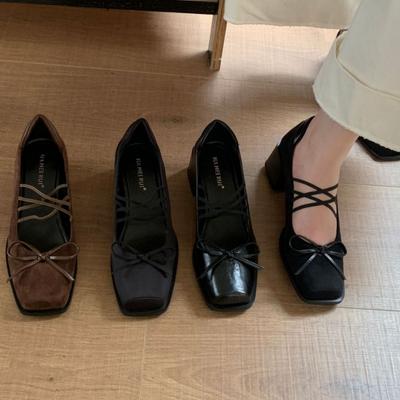 2025 ранняя осень ретро толстый каблук не устают высокий каблук балетки ретро бант туфли Мэри Джейн