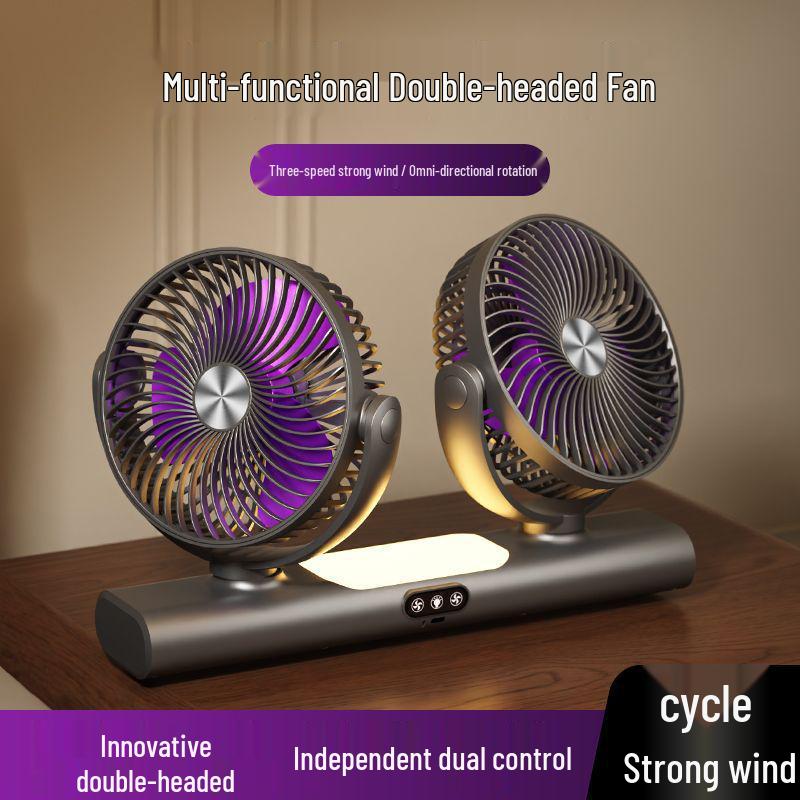 Adjustable Double-Head Fan with Light for Home & Outdoor Use, Multi-functional & Compact