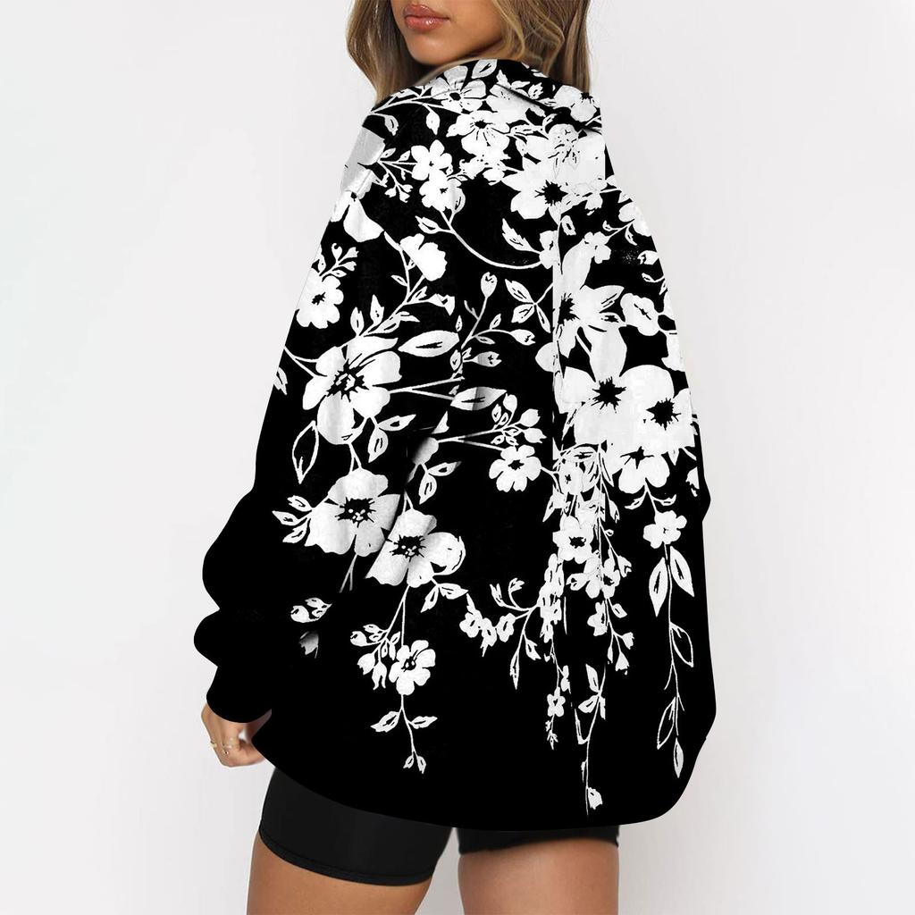 Женская повседневная модная толстовка на молнии с длинным рукавом и цветочным принтом, топ на молнии