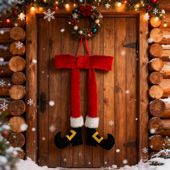 Рождественский Эльф Нога Орнамент 14 Дюймов Красный Плюшевый Эльф Нога Подвесной Орнамент с Бархатным Бантом