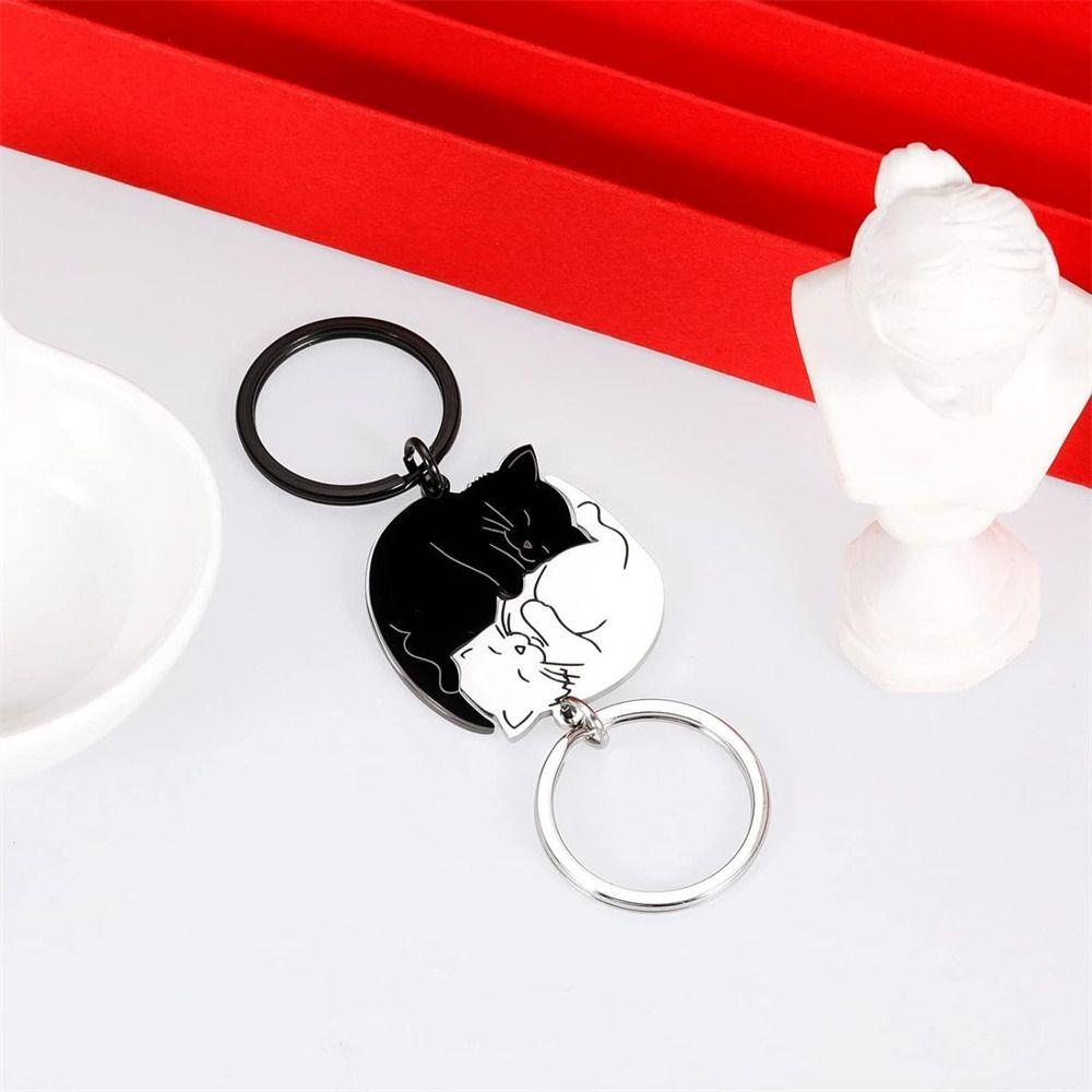 Stainless Steel Couple Keychain Hug Cat Lovers Keyring Matching Cat Key Ring  Valentine's Day Gift