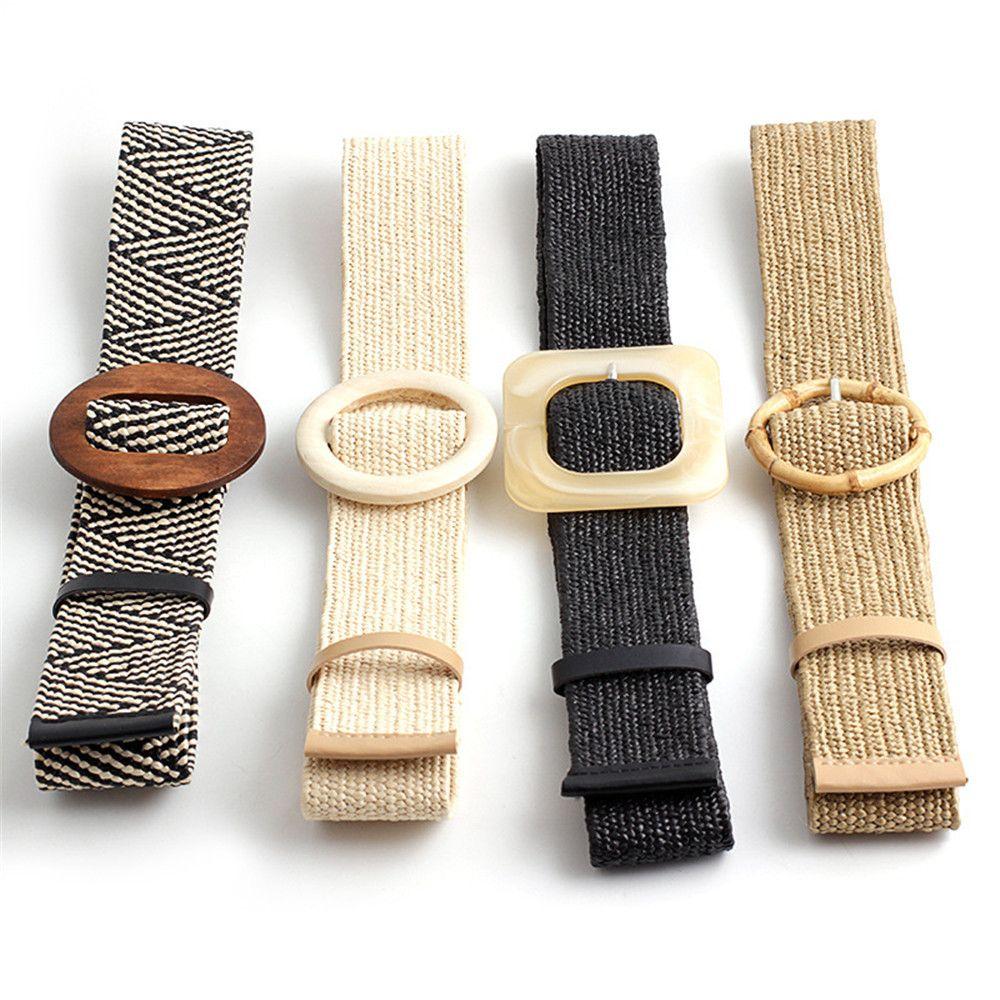 Summer Wide Bohemian Waistbelt Straw Belt Wooden Buckle Elastic