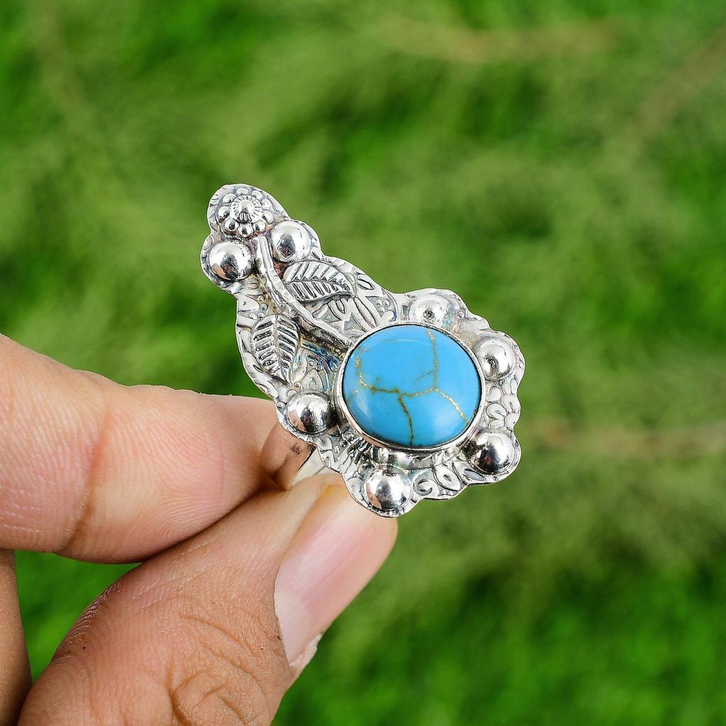 925 Sterling Silver Natural Copper Arizona Turquoise New Multi Stone Flower Ring