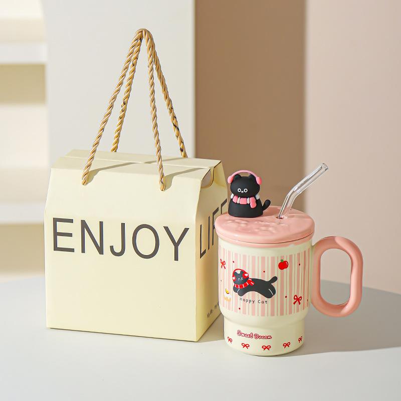 Summer New Straw Cup Doodle Animal Ceramic Water Cup with Lid Cartoon Mug Cute Birthday Gift
