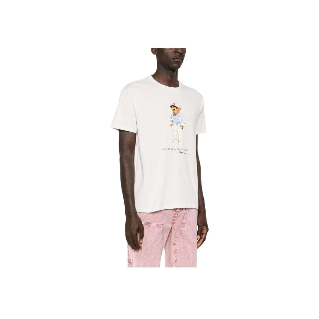 Polo Ralph Lauren SS24 Bear Print Футболка свободного кроя с круглым вырезом для мужчин, белые 710854497-037