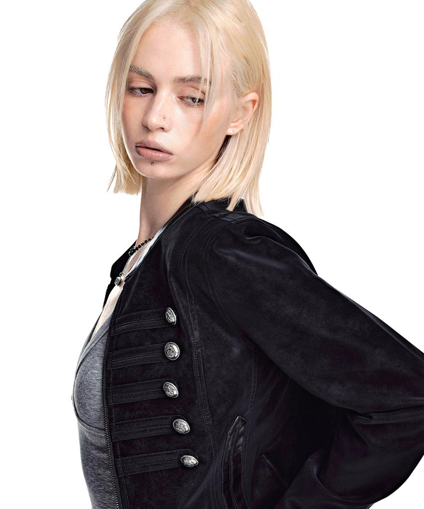 SECONDMONO Укороченная куртка Наполеон из искусственной замши [Черный]_Sewjk004Black
