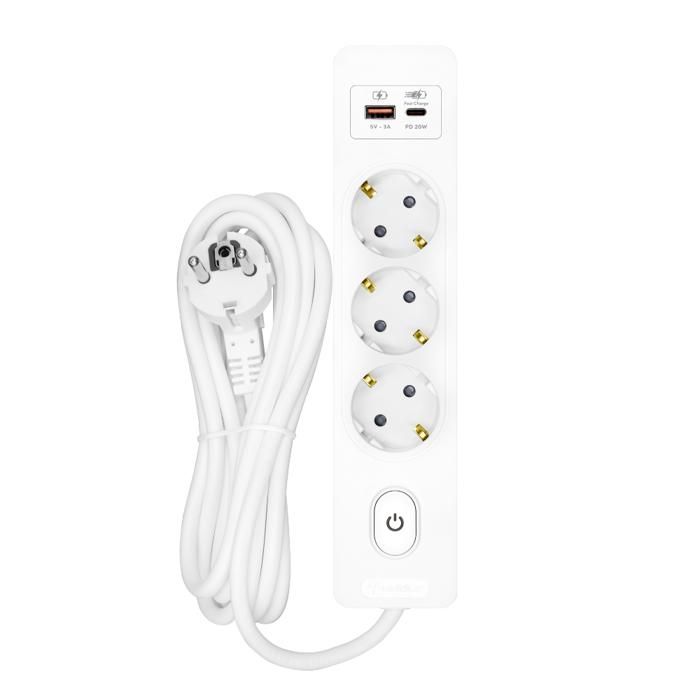 SELDUR G3TH12B Power Strip, 3 Type F Sockets + Switch, USB A+C Fast Charge 20W, White, 1.5m Cable