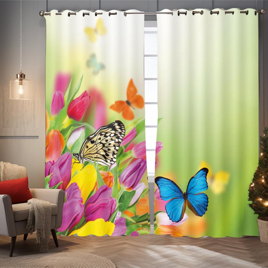 2 шт. штор с принтом в виде бабочек и цветов для декора в стиле лофт, спальни, гостиной