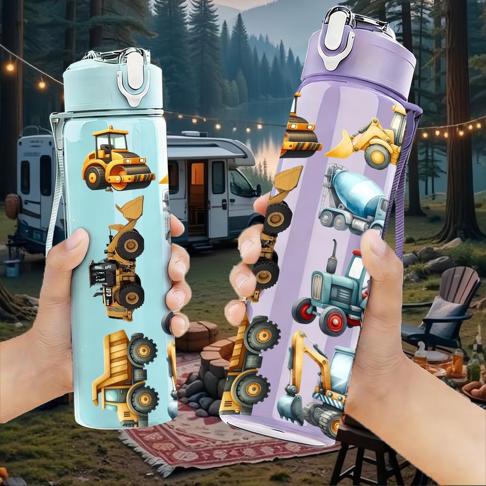 1PC Diverse Construction Vehicle Group Print 750ml Color Plastic Sports Water Bottle Leakproof Flip Straw Lid Suitable for Sports Office Home Use