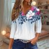 Жен. Футболка Футболка С принтом Пуговицы Рукав 3/4 Повседневные Выходные Мода Классический V-образный вырез Обычный Топ