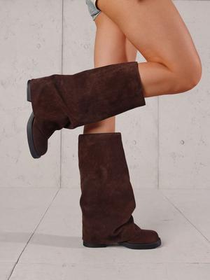 Стильные женские ботинки с отворотом, на массивном каблуке, с широким голенищем, с акулообразным присборенным голенищем, средней длины, для женщин, натягивающиеся, удобная обувь для платья